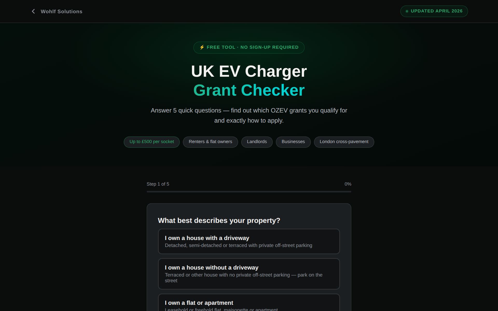 EV Grant Checker — live screenshot of the grant eligibility wizard