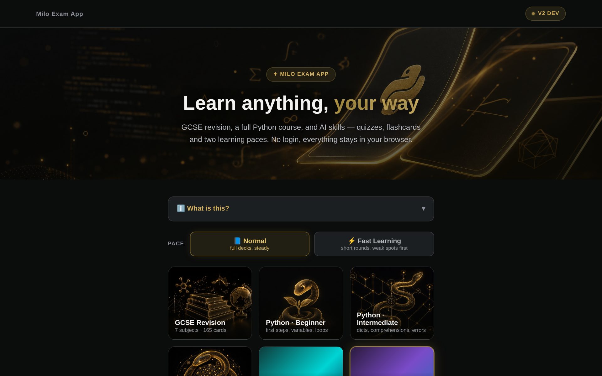 Milo Exam App V2 — live screenshot of the quiz and flashcard engine with its course picker