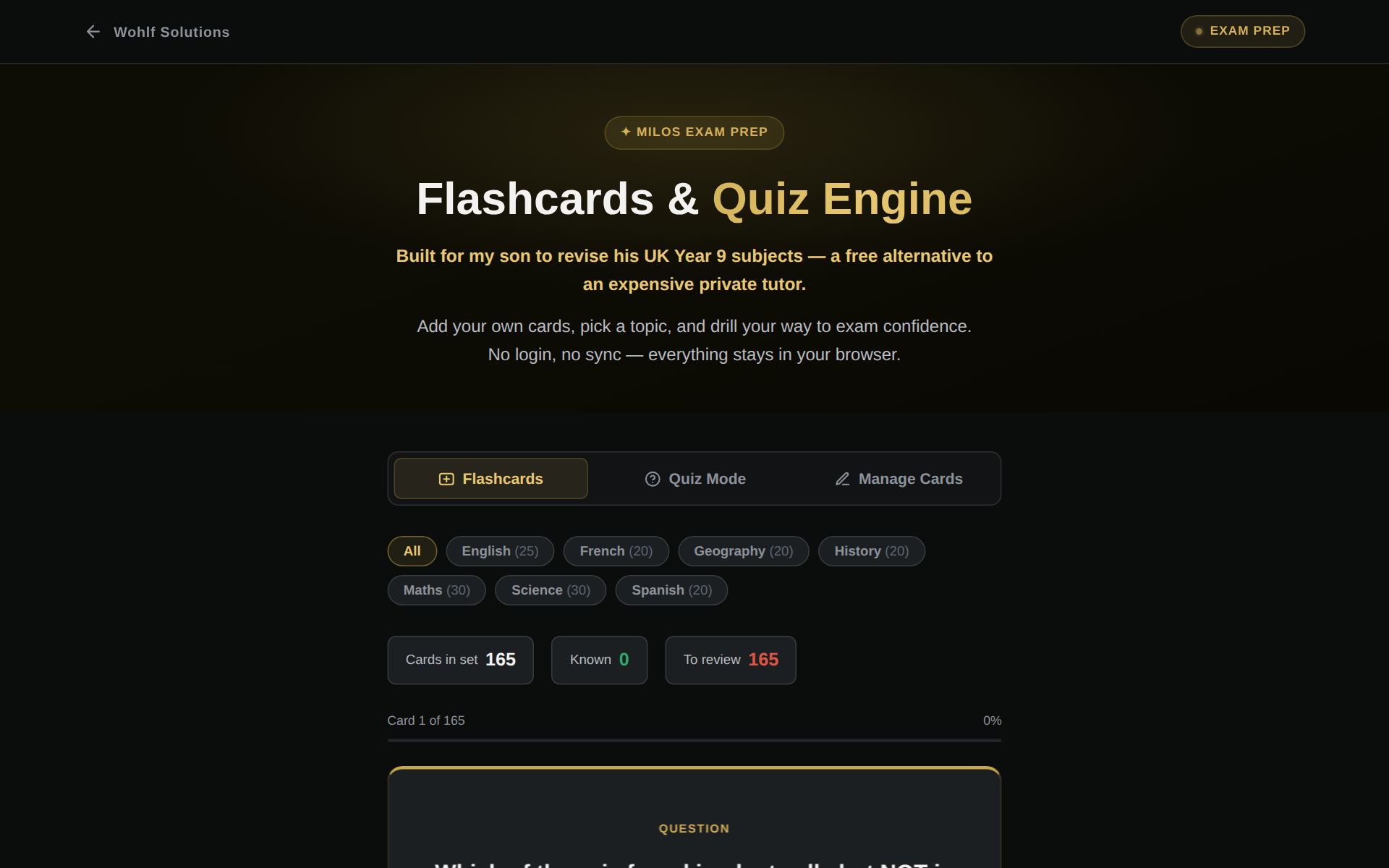 Milos Exam Prep V1 — live screenshot of the original flashcard and quiz engine