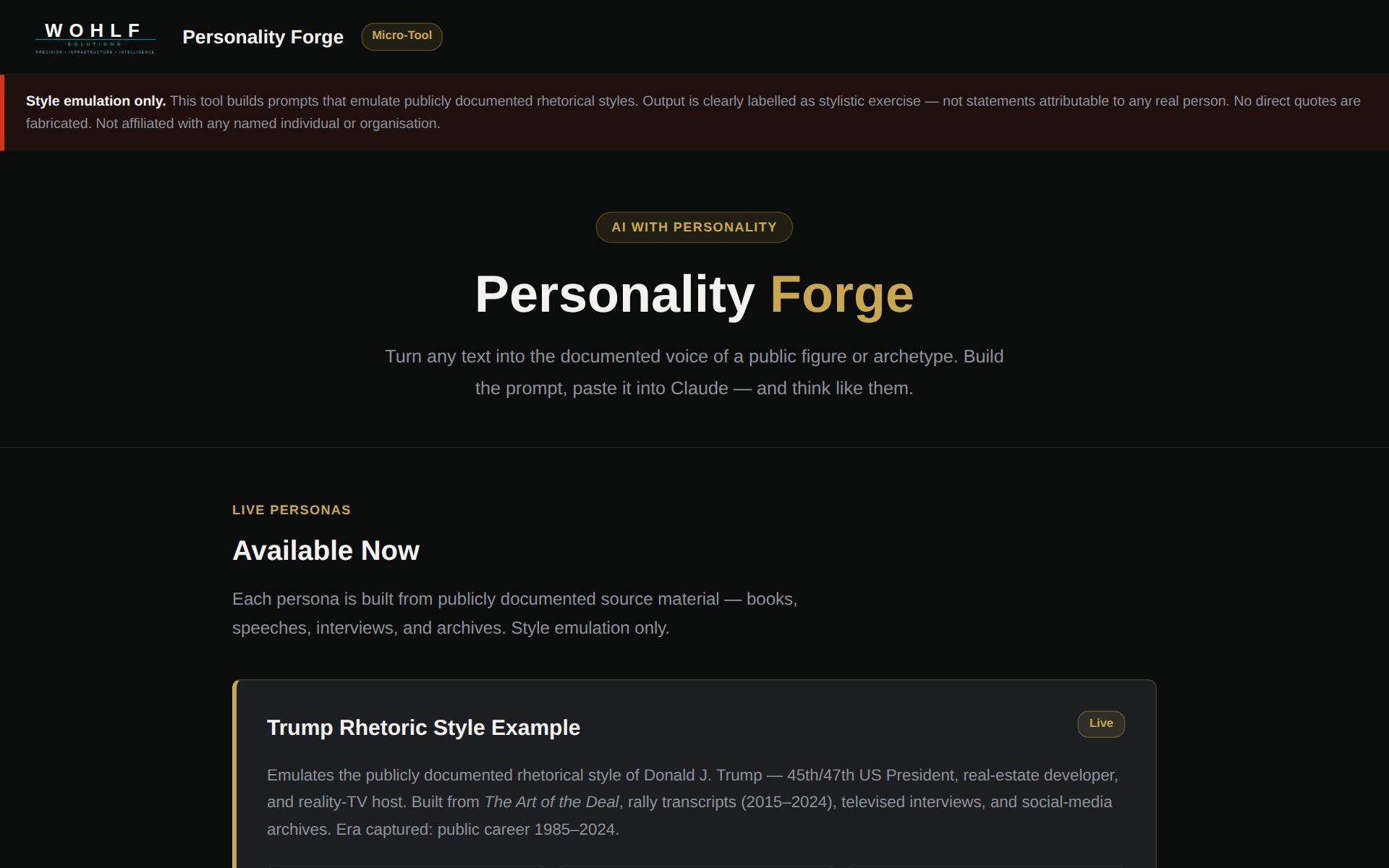 Personality Forge — live screenshot of the AI persona builder