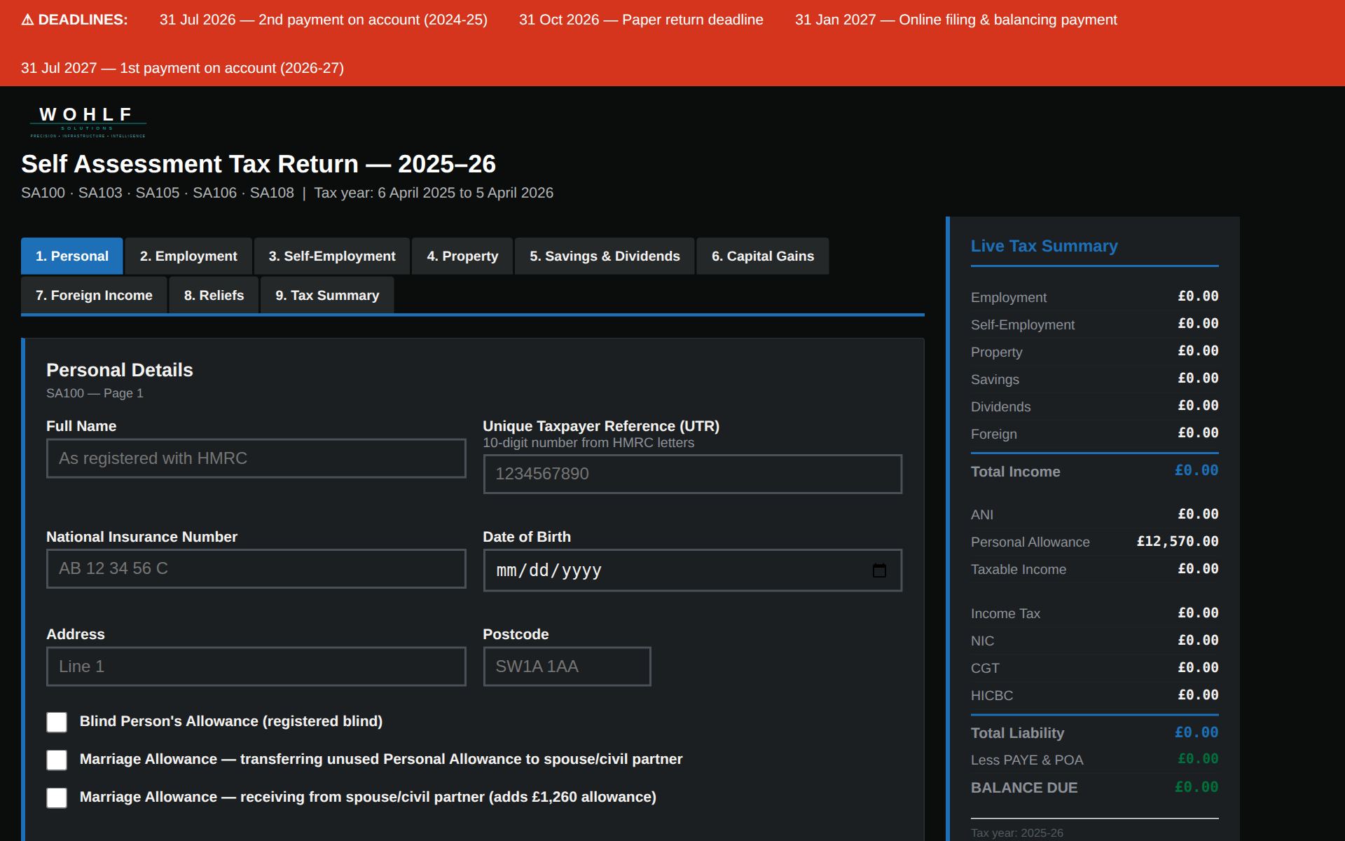 SA100 Self-Assessment — live screenshot of the interactive tax return